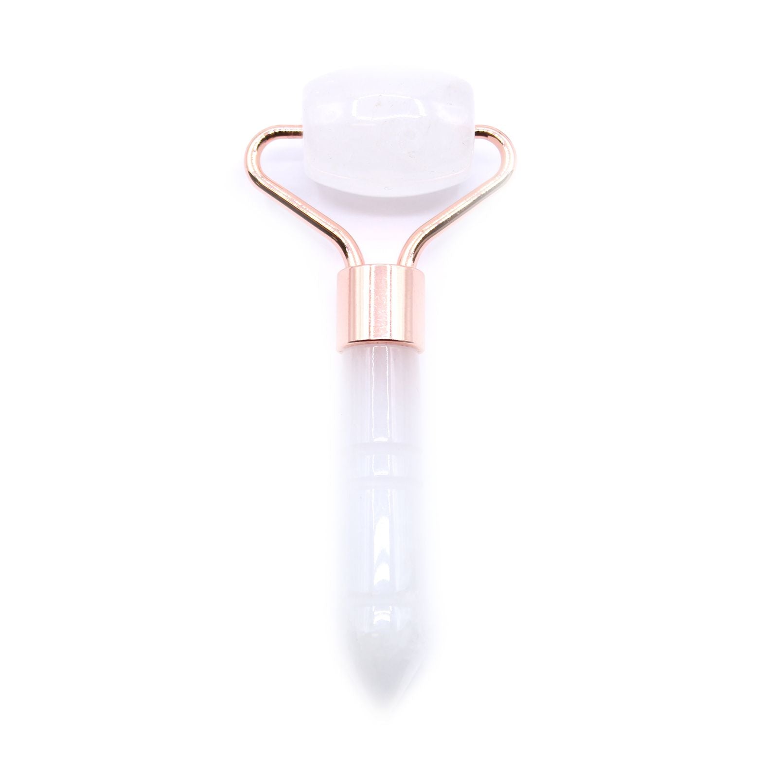 A travel-sized gemstone facial roller made from natural clear rock quartz with a minimalist white handle.
