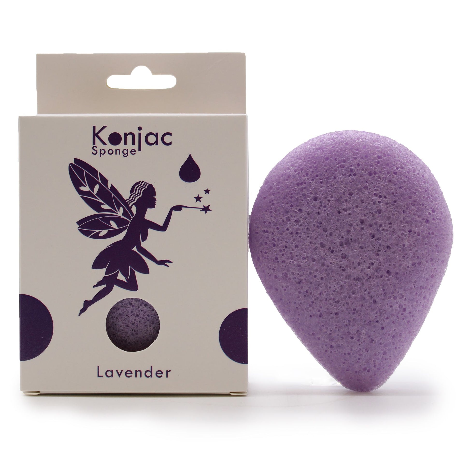 A purple teardrop-shaped Konjac facial sponge infused with calming lavender, perfect for evening skincare routines.