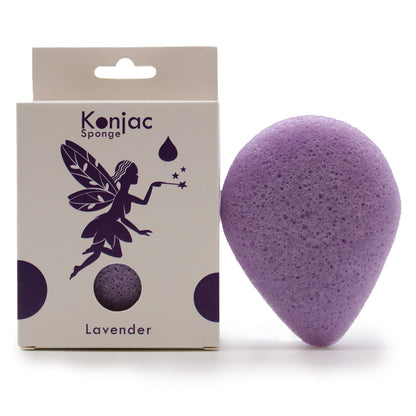 A purple teardrop-shaped Konjac facial sponge infused with calming lavender, perfect for evening skincare routines.