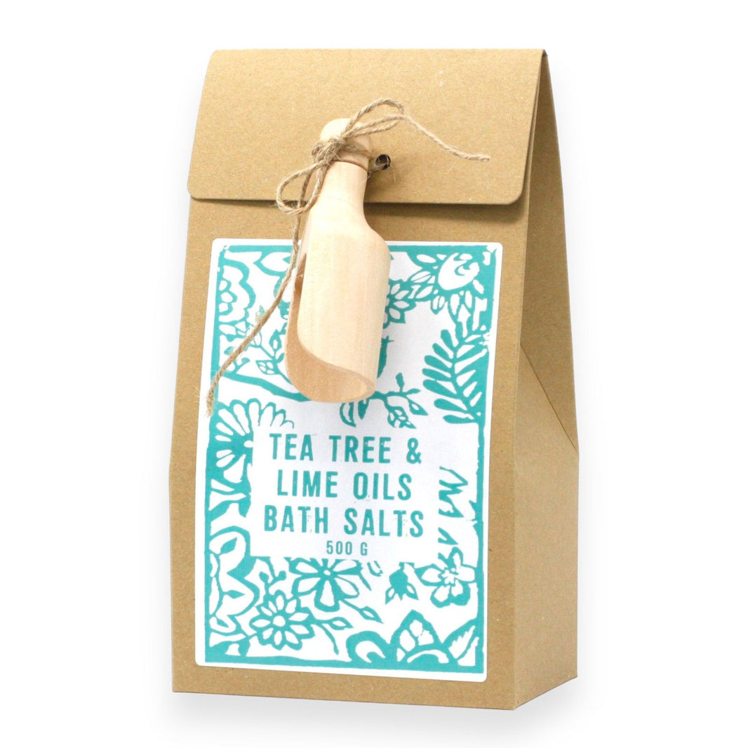 A 500g kraft paper bag of purifying bath salts infused with tea tree and lime essential oils.