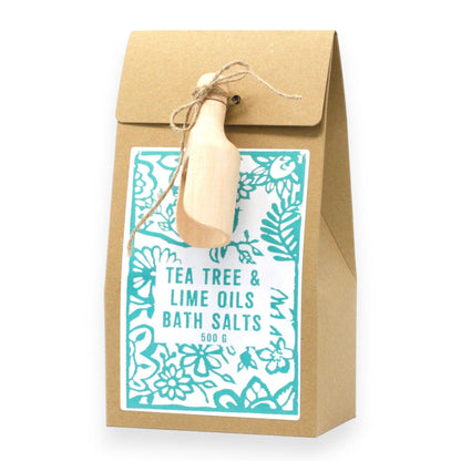 A 500g kraft paper bag of purifying bath salts infused with tea tree and lime essential oils.