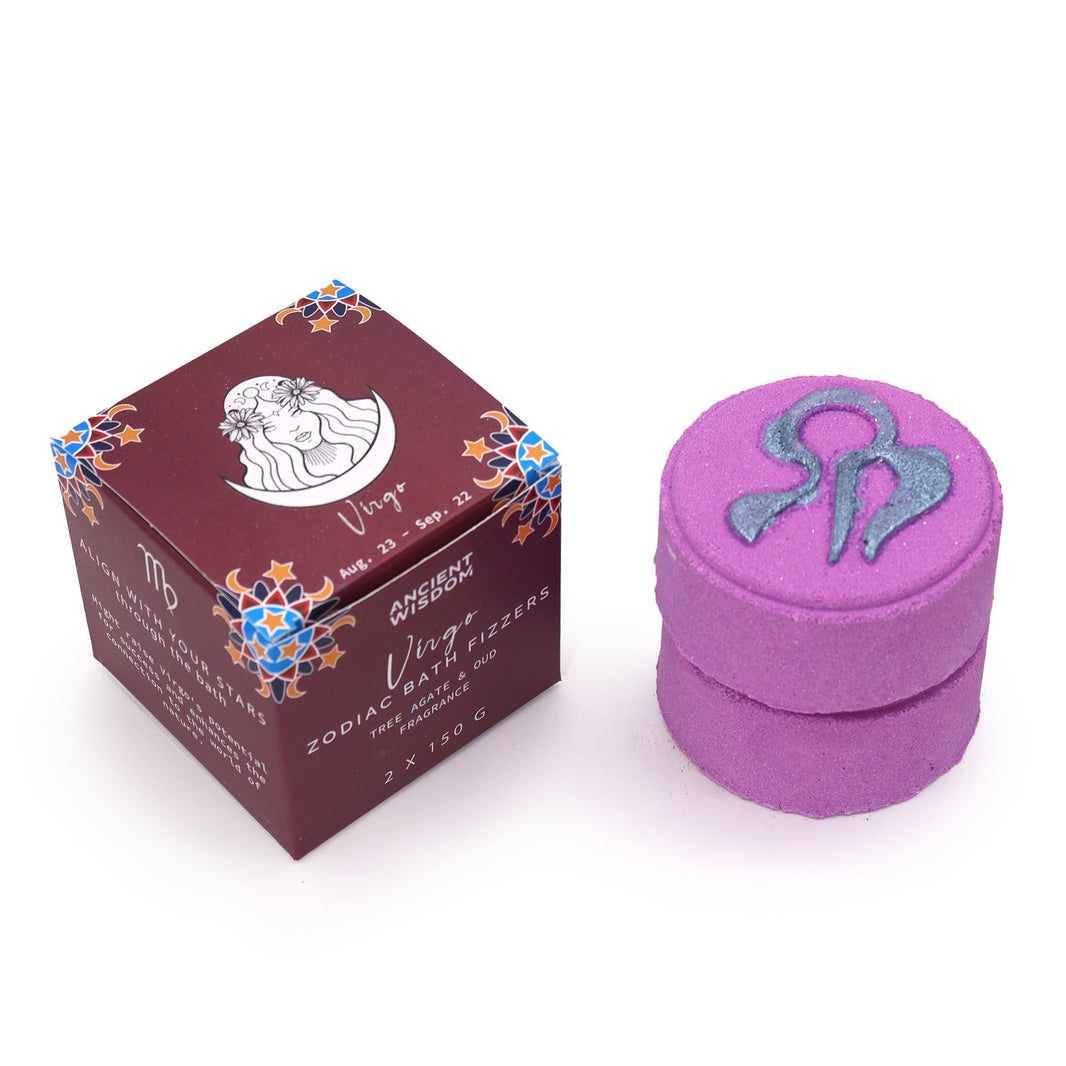 A purple and white themed zodiac gift set for Virgo, featuring artisan bath fizzers and a horoscope card in a decorative box.