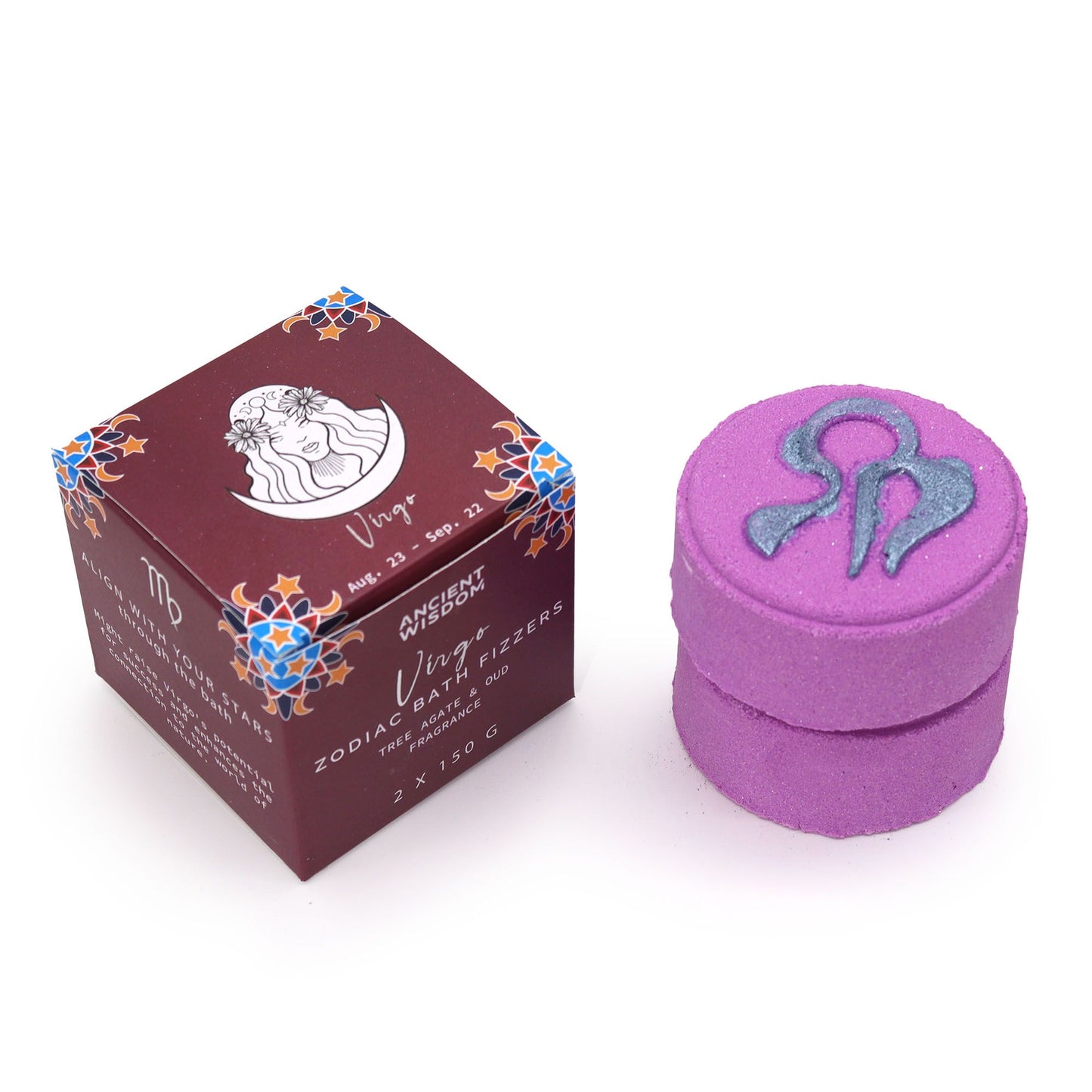 A purple and white themed zodiac gift set for Virgo, featuring artisan bath fizzers and a horoscope card in a decorative box.