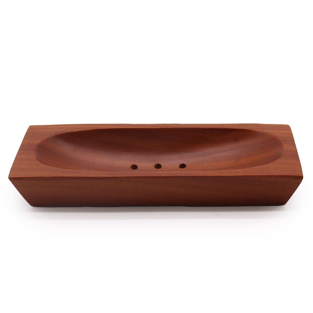 A rectangular, handcrafted mahogany wood soap dish with a rich dark finish and two central drainage holes.