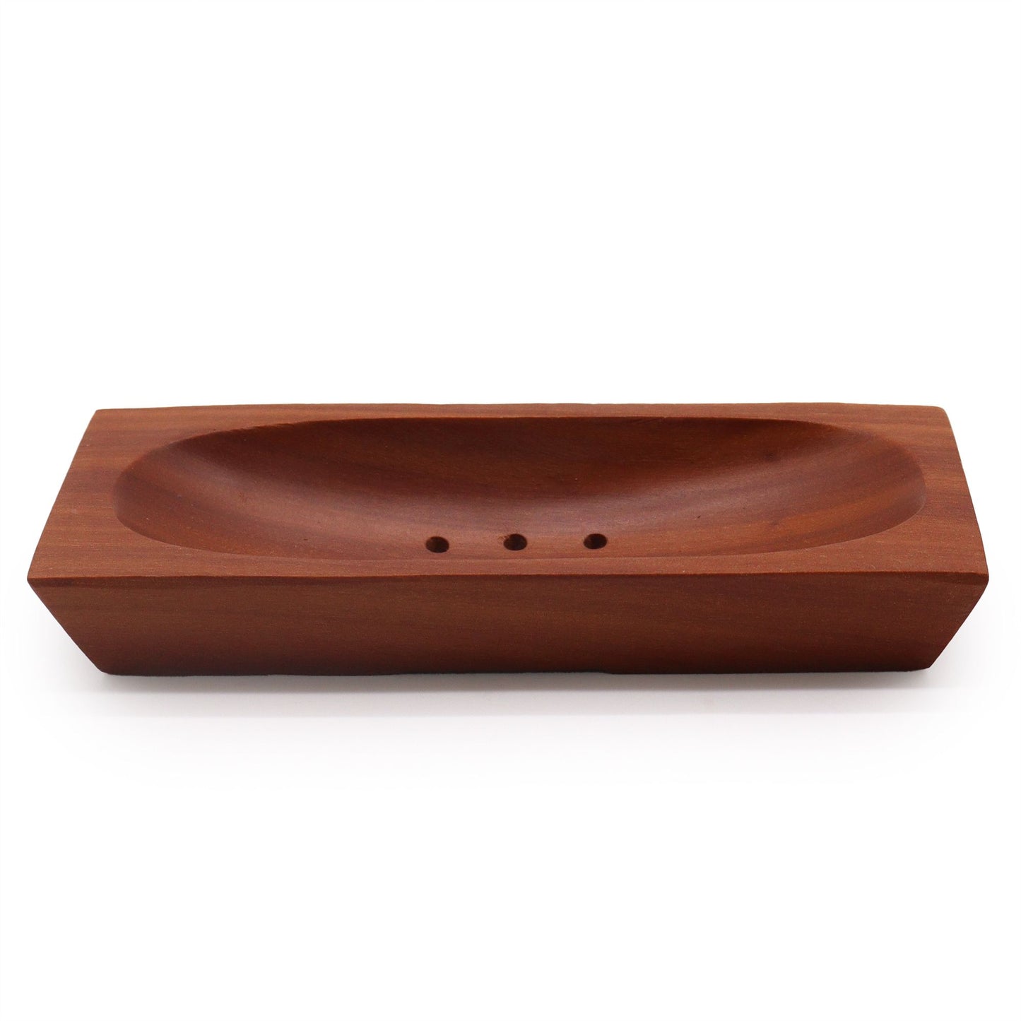 A rectangular, handcrafted mahogany wood soap dish with a rich dark finish and two central drainage holes.