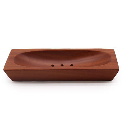 A rectangular, handcrafted mahogany wood soap dish with a rich dark finish and two central drainage holes.