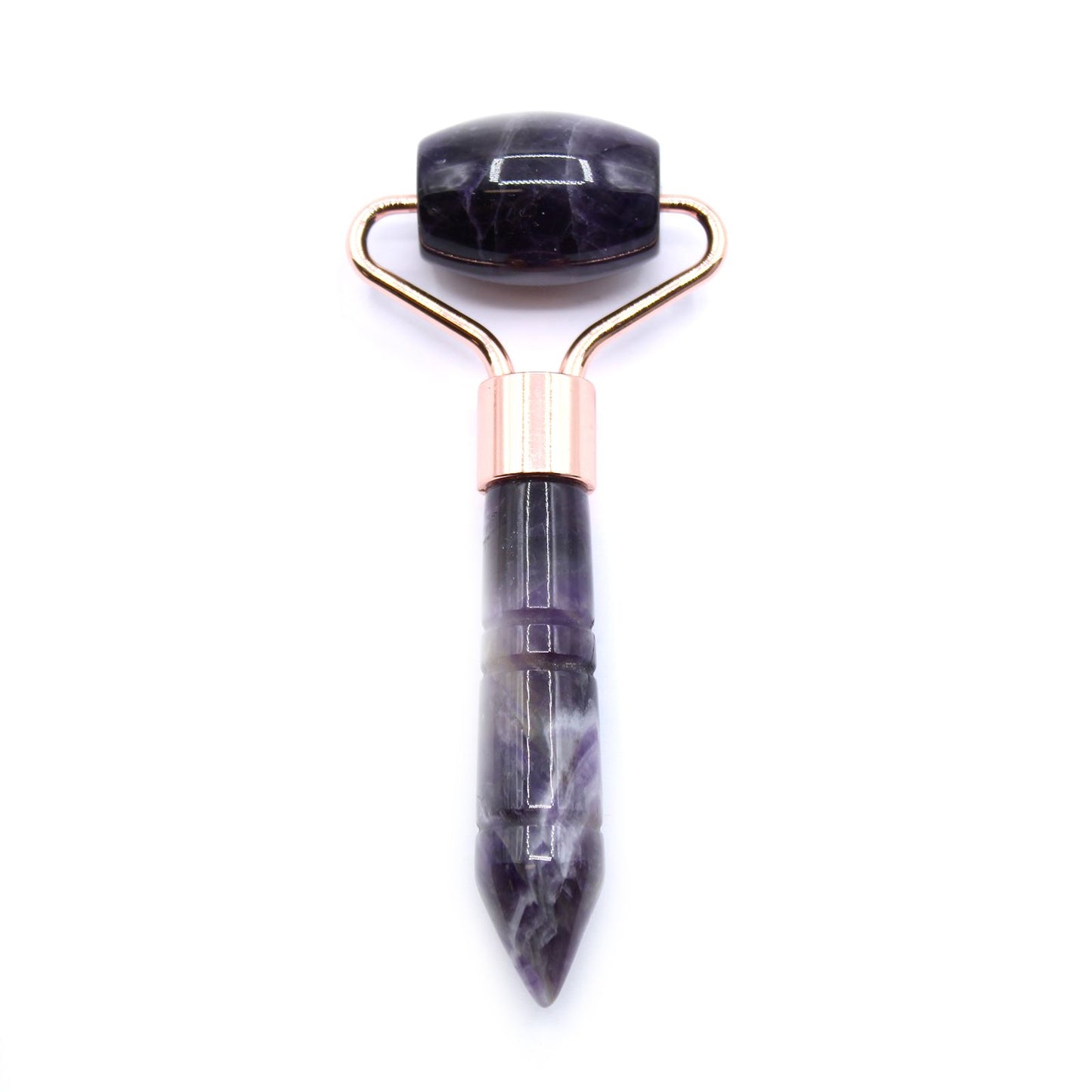 A compact, mini gemstone facial roller made from natural purple amethyst with a sleek black handle.