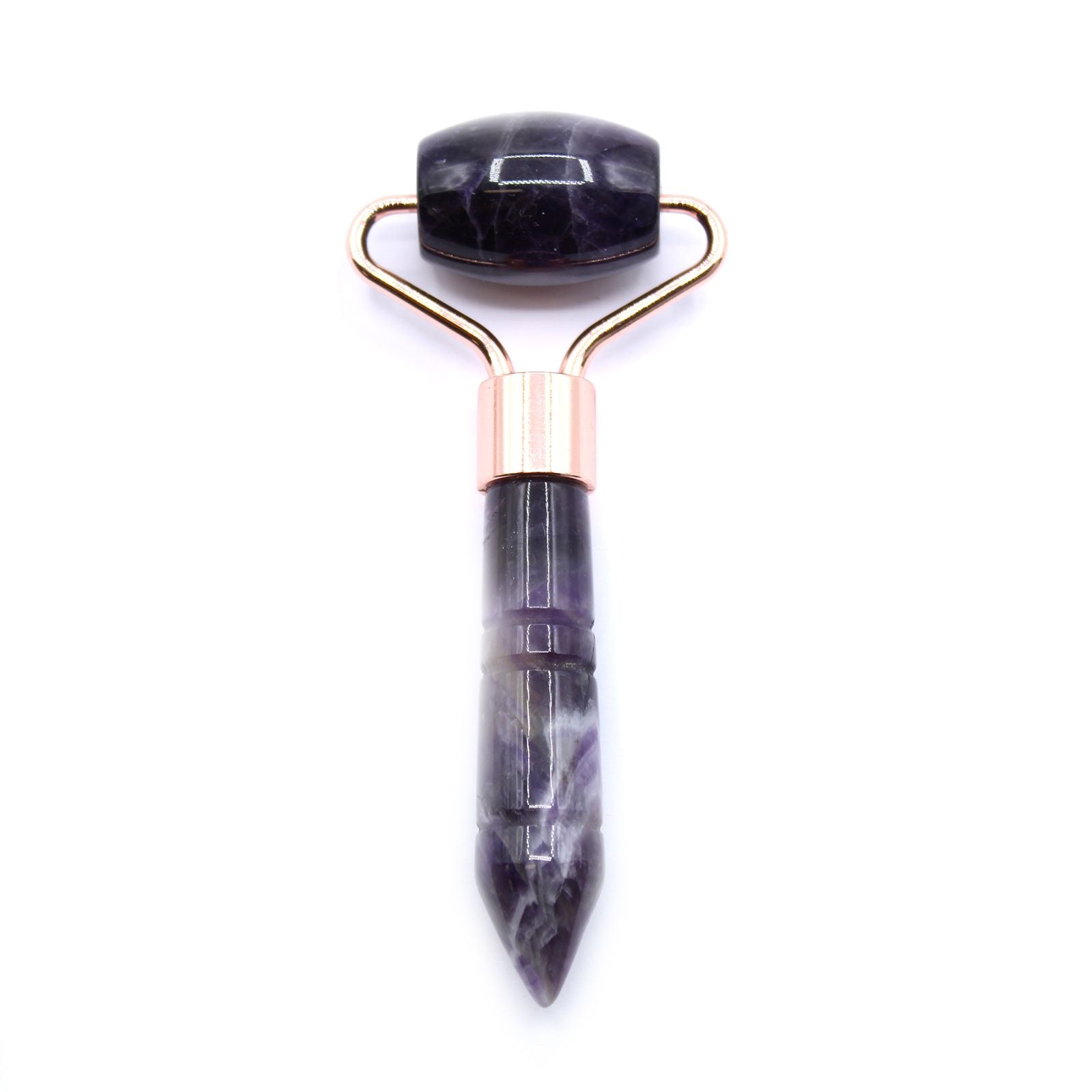 A compact, mini gemstone facial roller made from natural purple amethyst with a sleek black handle.