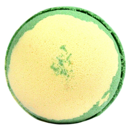 A large round bath bomb featuring a pale green and cream swirl, designed to smell like a classic apple dessert.