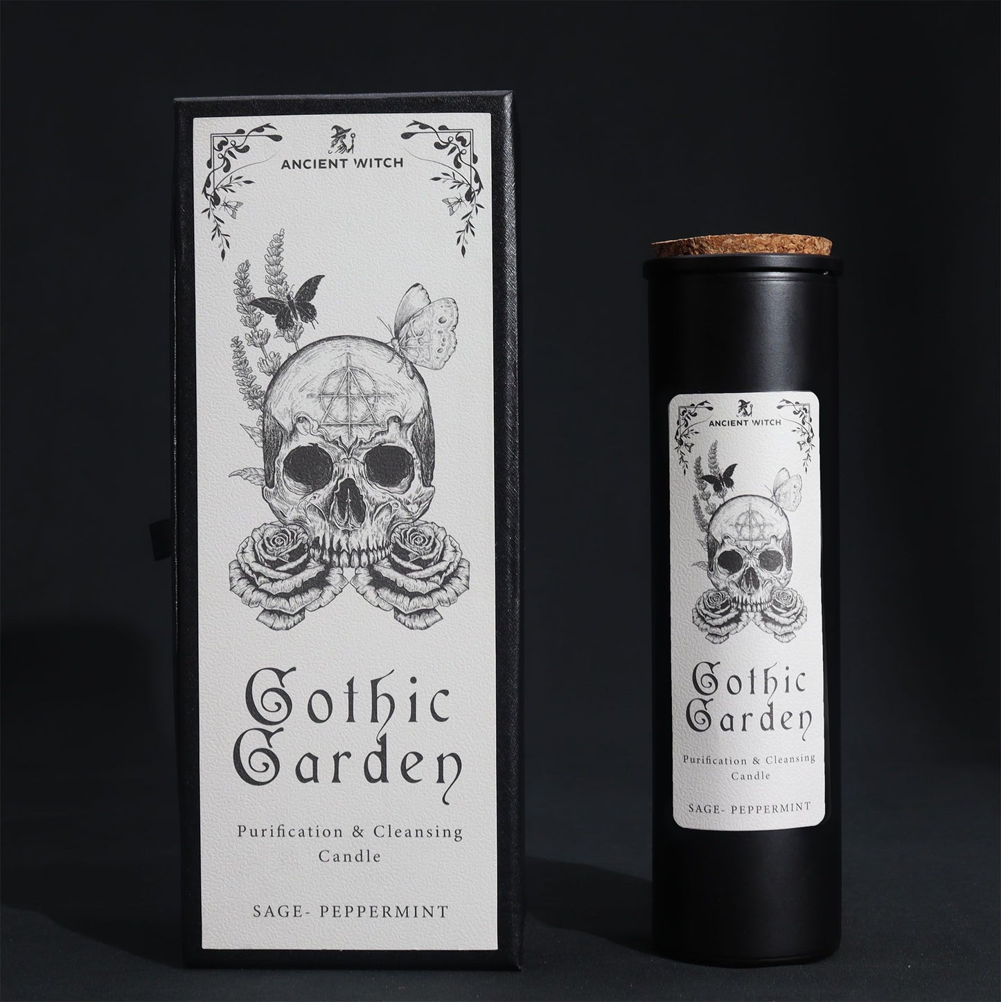 A tall black ritual candle in a premium black box with white Victorian-style gothic botanical illustrations.