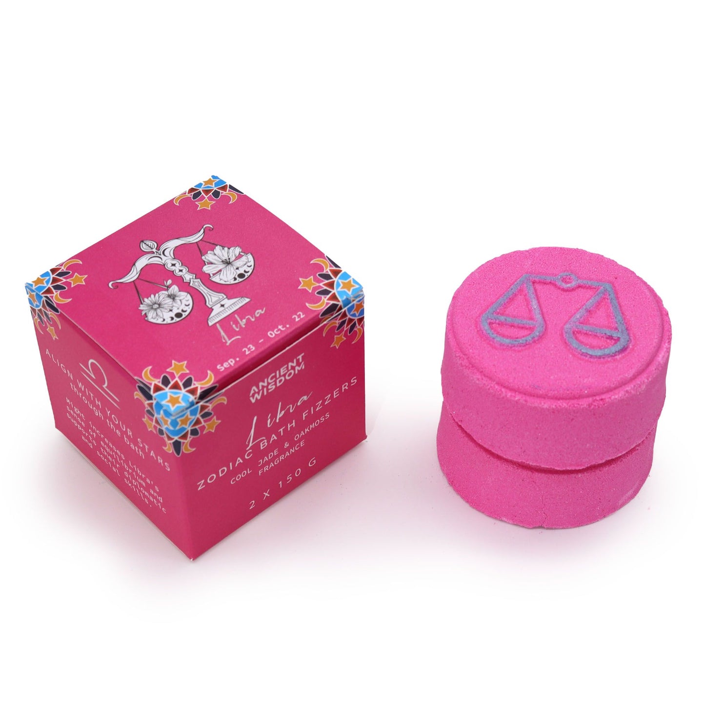 A pink-themed set of zodiac bath fizzers for the Libra sign, featuring the libra scales symbol and personalized horoscope info.