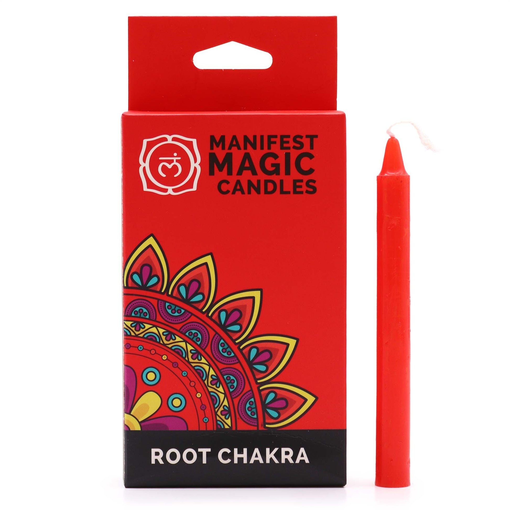 A red and black box containing twelve slim red ritual candles for manifestation and chakra work.