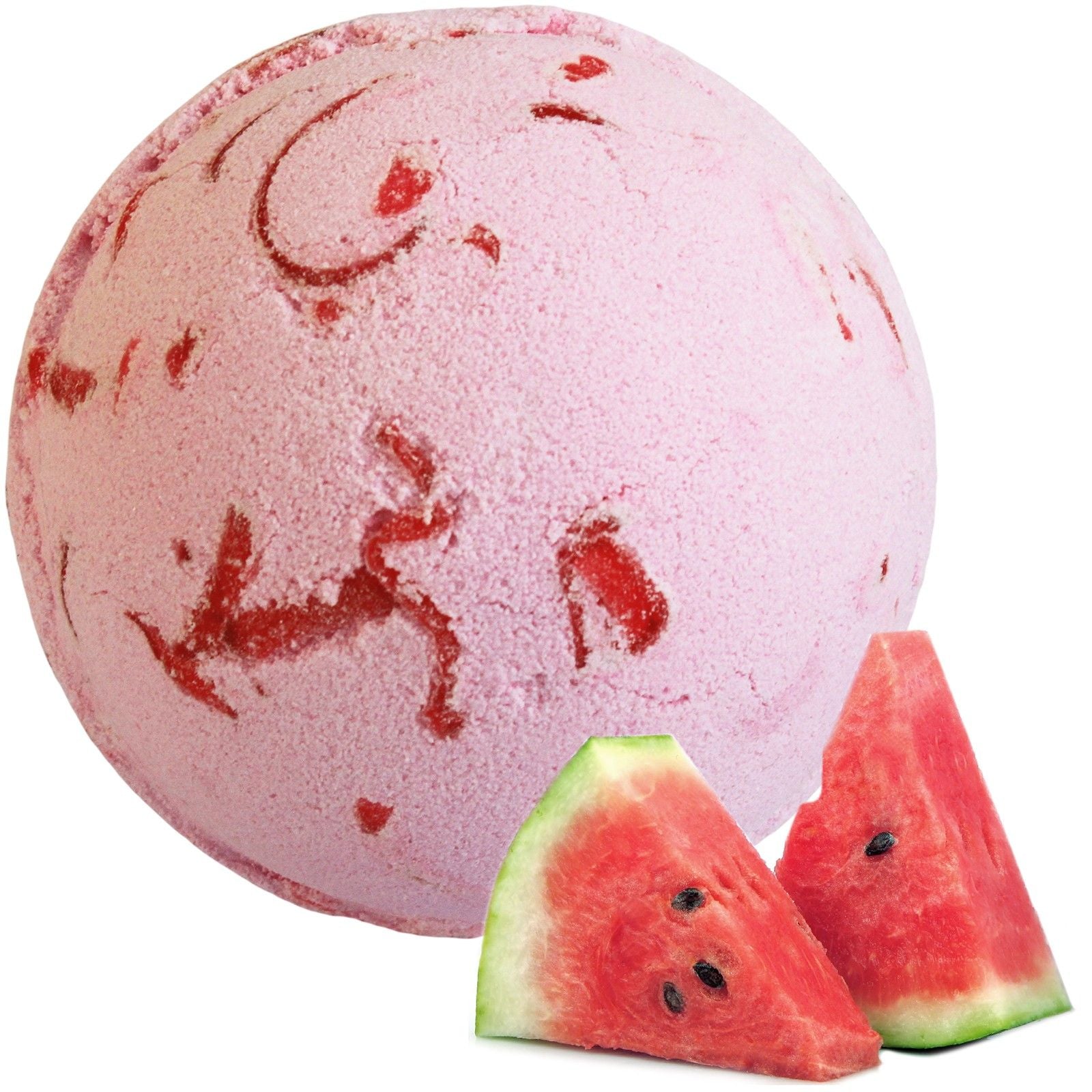 A large 180g round pink and green marbled bath bomb with a tropical watermelon fragrance and moisturizing coconut oil.