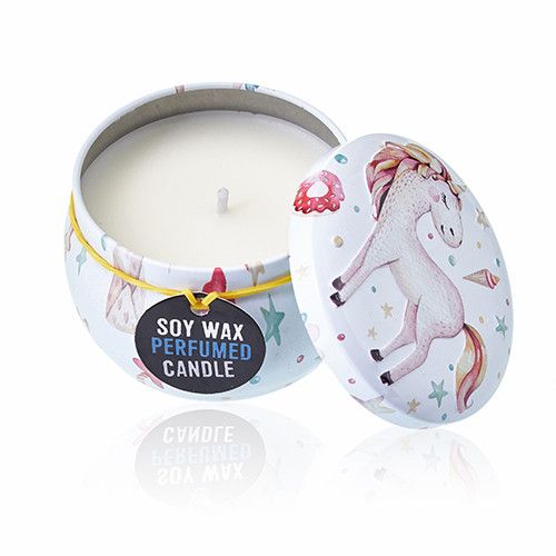 A round metal candle tin featuring a colorful, illustrated lid with a magical unicorn motif and floral accents.