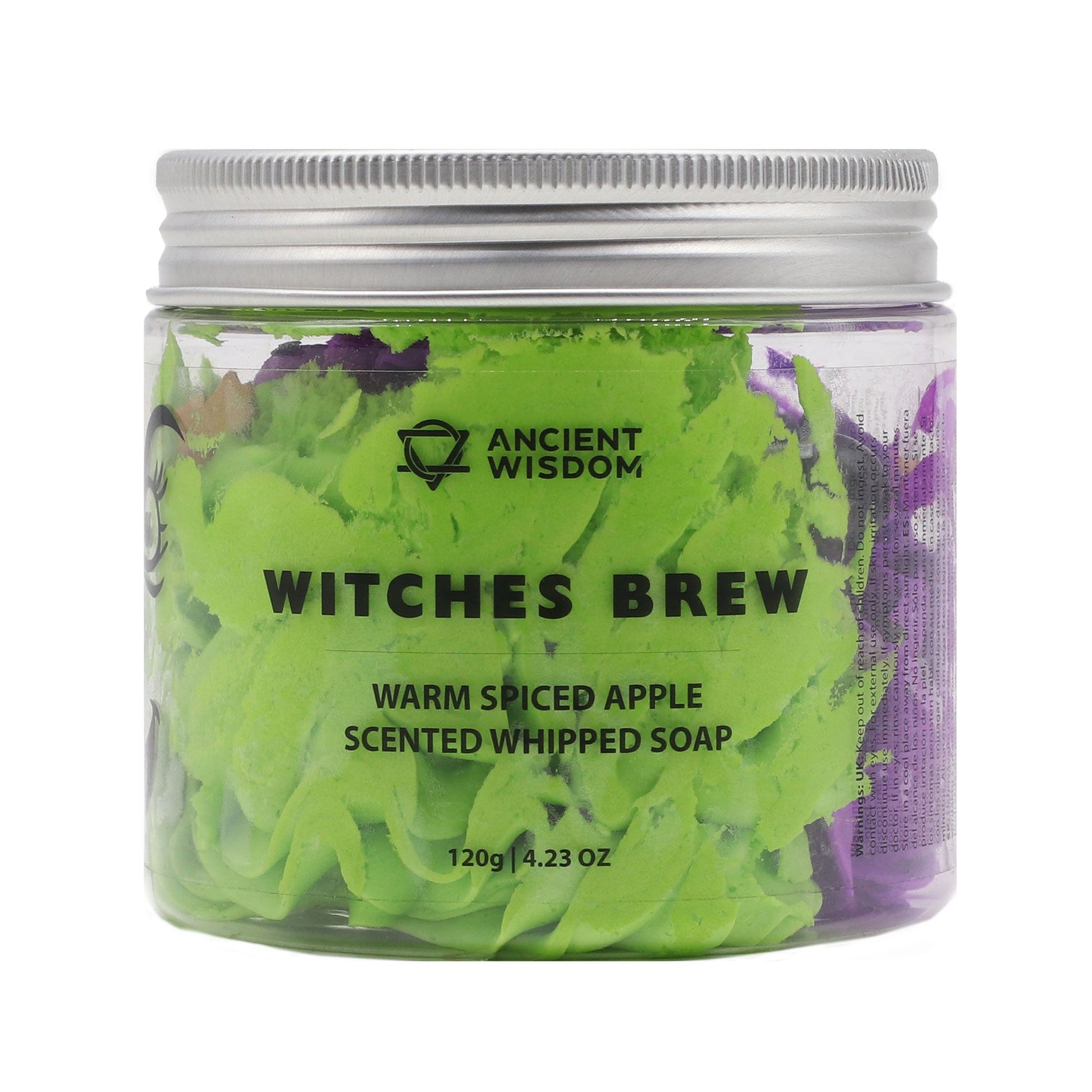 A 120g clear jar filled with vibrant green whipped soap, labeled "Witches Brew" with a whimsical occult design.