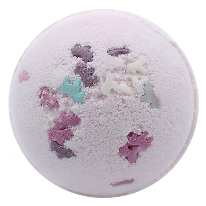 A large 180g white round bath bomb with purple and pink unicorn-themed accents and a sweet fig fragrance.