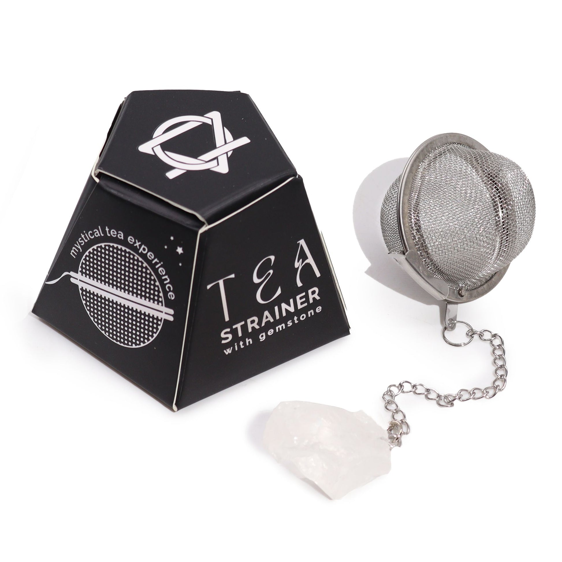Stainless steel mesh tea infuser ball with a raw clear rock quartz gemstone charm hanging on a silver chain.