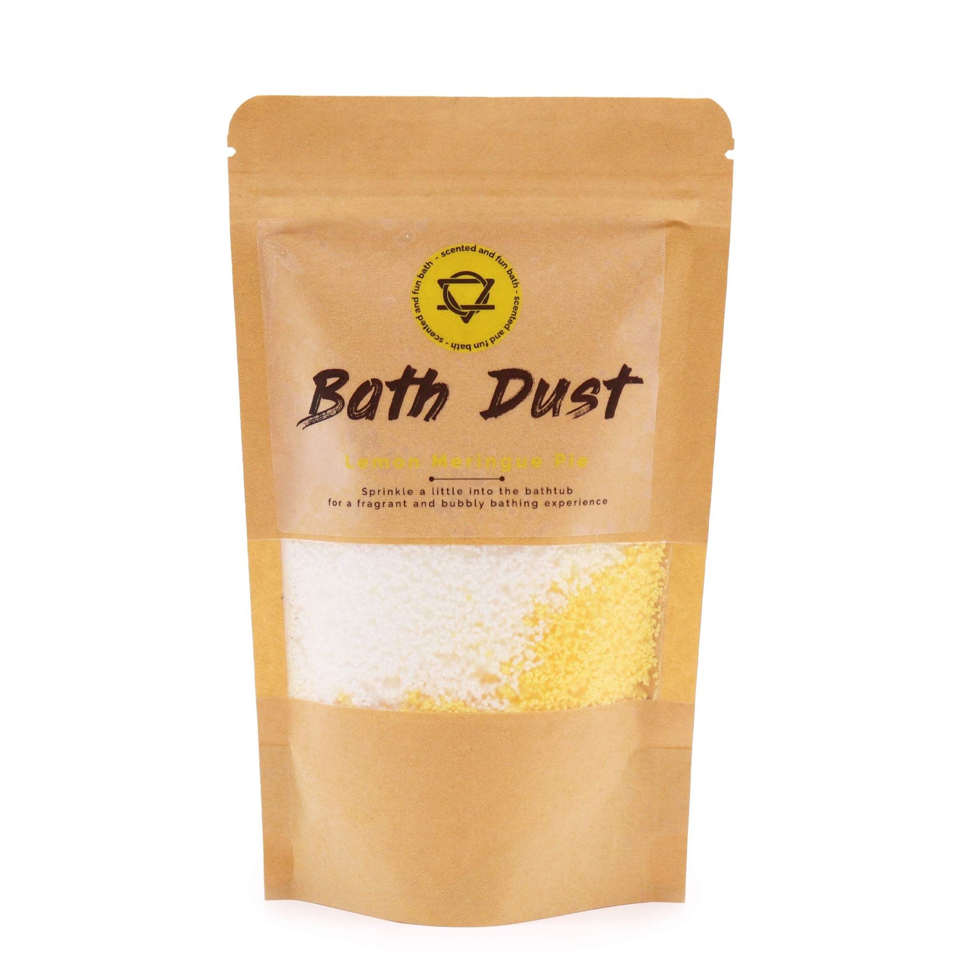A 190g pouch containing yellow and white fizzy bath dust inspired by a lemon meringue pie dessert.