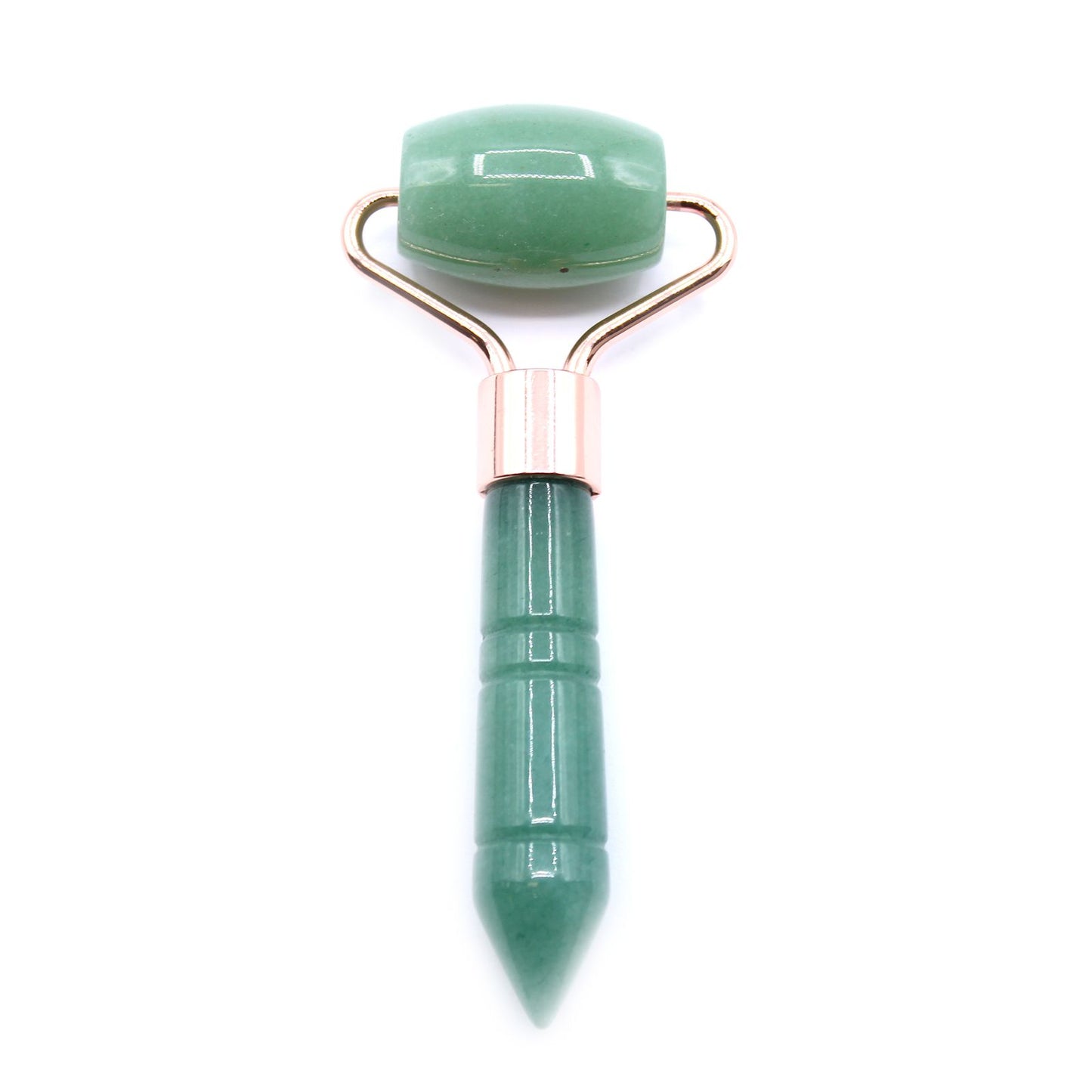 A small, travel-friendly green jade gemstone facial roller with a sleek white handle for portable skincare.