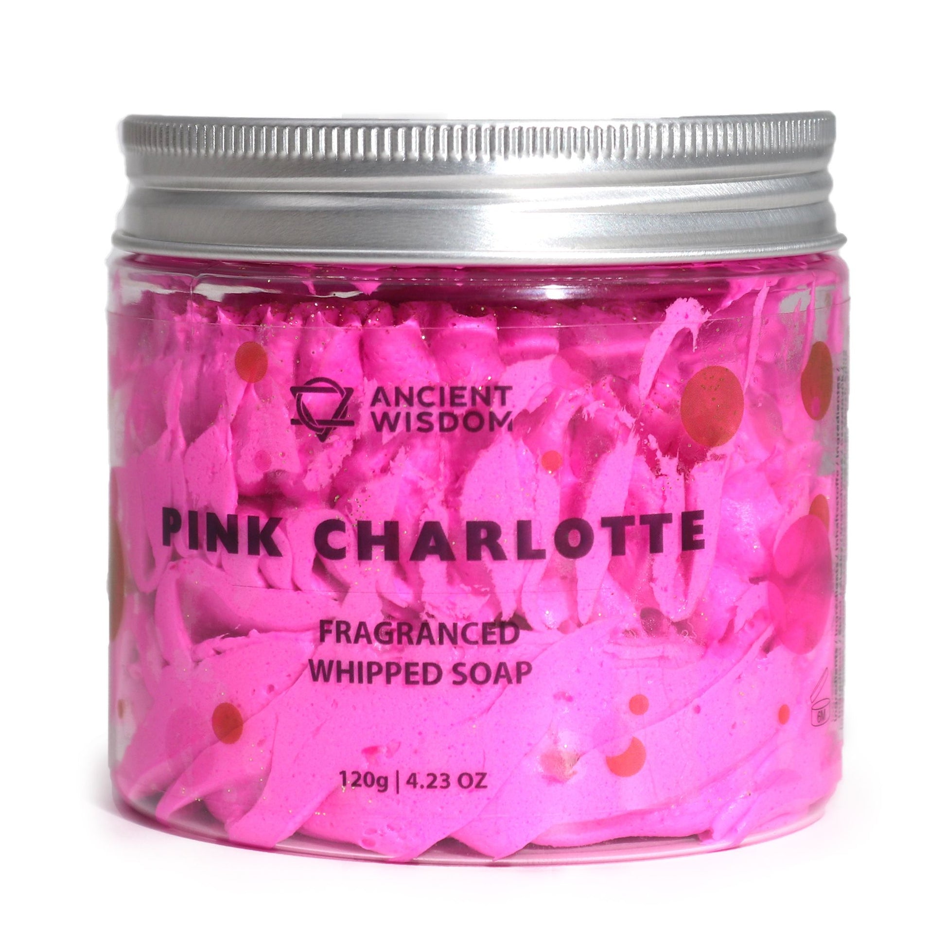 A 120g clear jar filled with vibrant pink whipped cream soap, featuring a luxury decorative label.