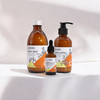 A curated set of Goddess's Glow skincare products in a decorative gift box for a complete morning ritual.