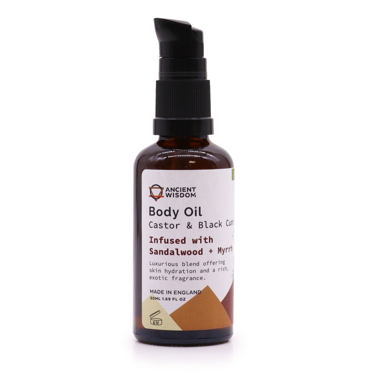 A 50ml amber glass pump bottle of organic body oil infused with sandalwood and myrrh essential oils.
