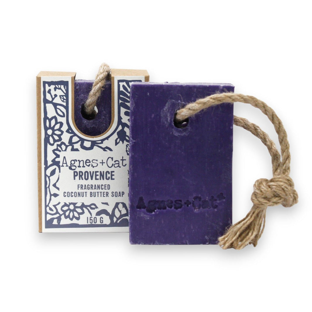 A 150g deep purple and cream soap bar on a rope, scented with calming lavender and French herbs.