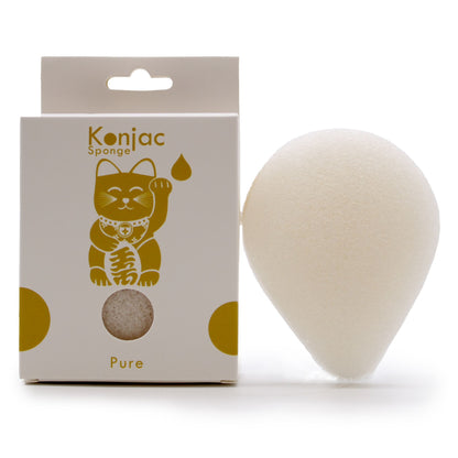 A white, teardrop-shaped natural Konjac facial sponge for sensitive skin, shown in its eco-friendly packaging.