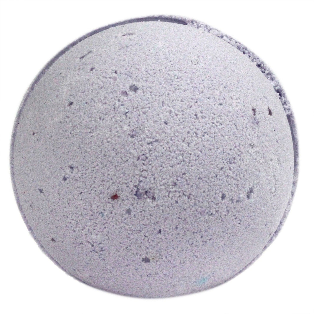 A large 180g round bath bomb in a soft grey tone, infused with sweet fennel and jojoba essential oils for skin health.