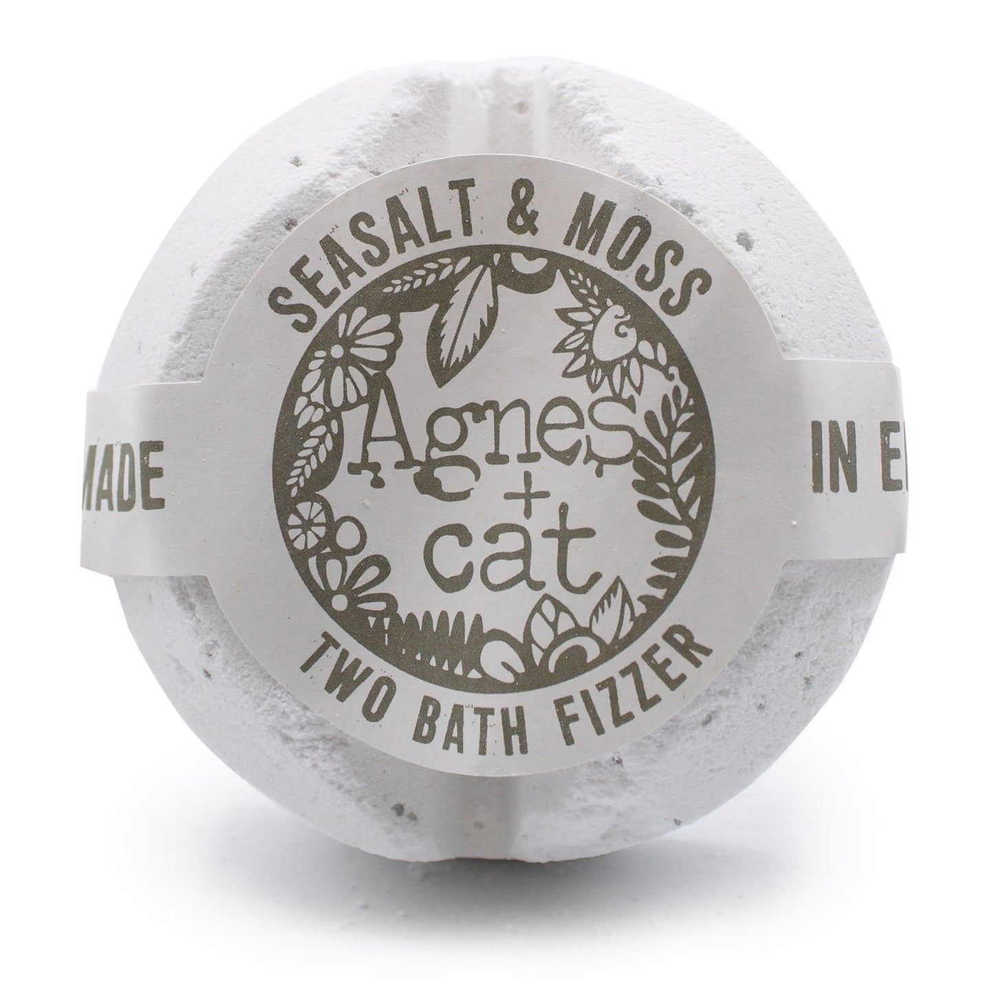 A large 200g white bath fizzer wrapped in clear protective film with a classic grey and white botanical label.