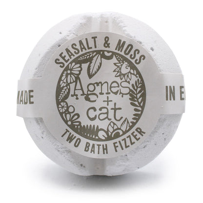 A large 200g white bath fizzer wrapped in clear protective film with a classic grey and white botanical label.