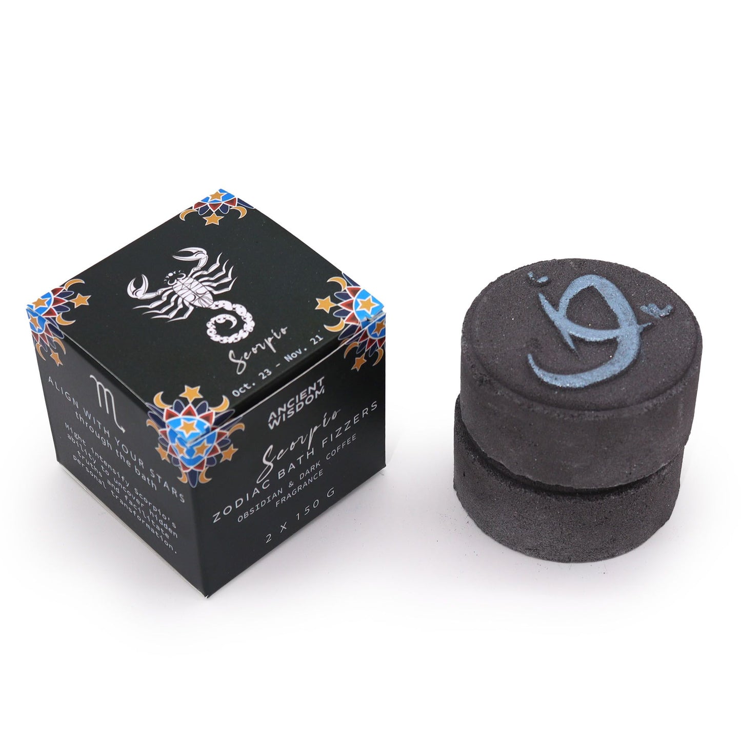A black and silver themed zodiac bath gift set for Scorpio, featuring bath fizzers and ritual horoscope information.