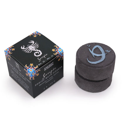 A black and silver themed zodiac bath gift set for Scorpio, featuring bath fizzers and ritual horoscope information.