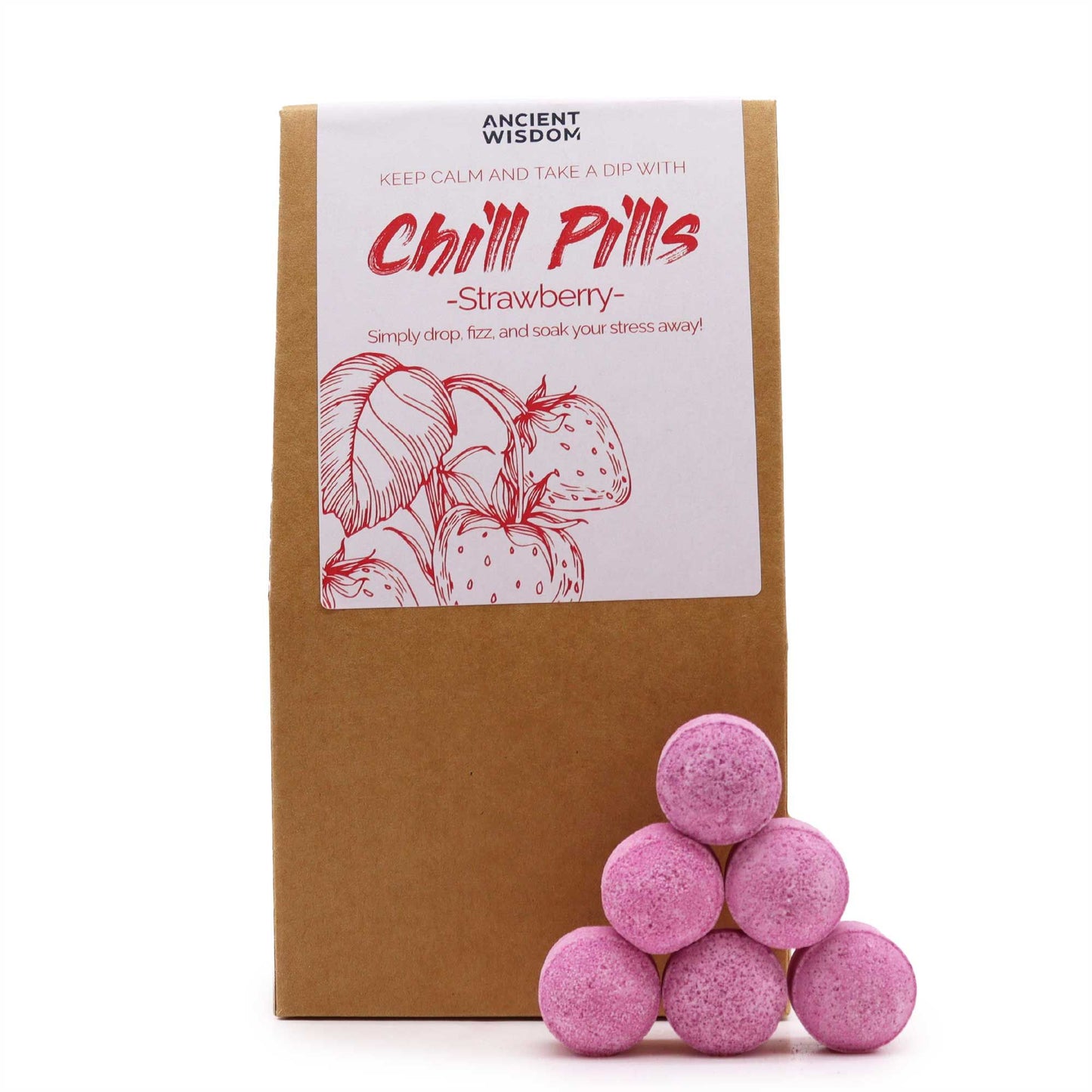 A rustic paper bag with a viewing window showcasing bright pink, strawberry-scented mini bath bombs.