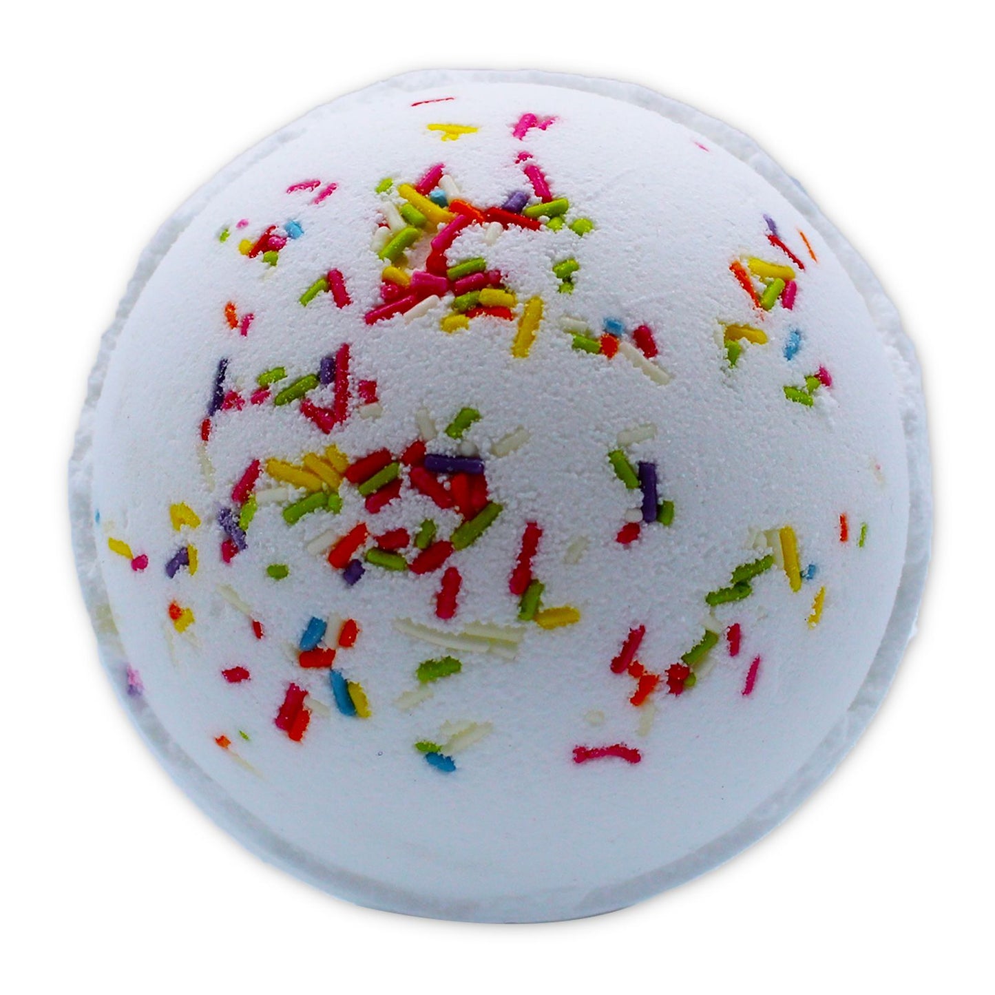 A round white bath bomb with colorful rainbow sprinkles on top, featuring a fresh summer peony fragrance.