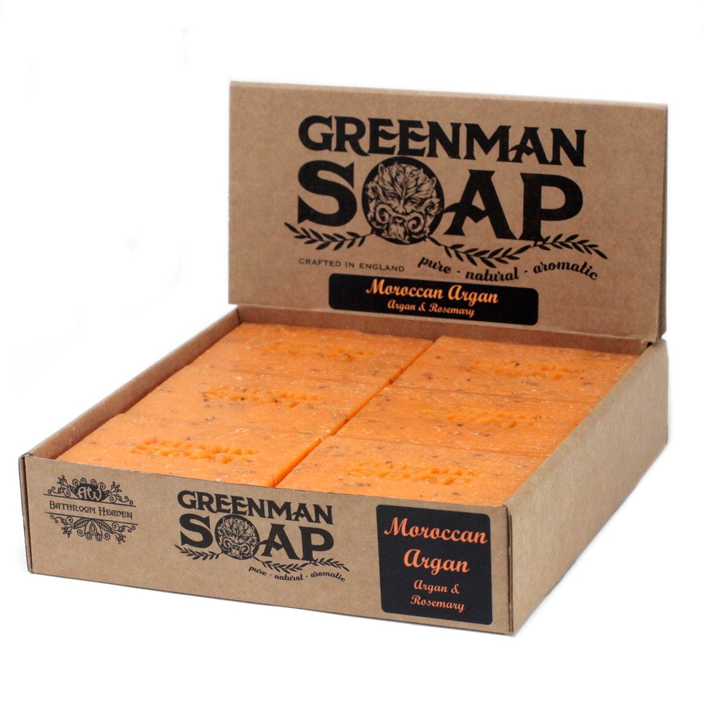 A 100g orange-toned Greenman soap bar infused with nutritive argan oil for skin hydration.