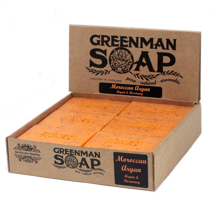 A 100g orange-toned Greenman soap bar infused with nutritive argan oil for skin hydration.