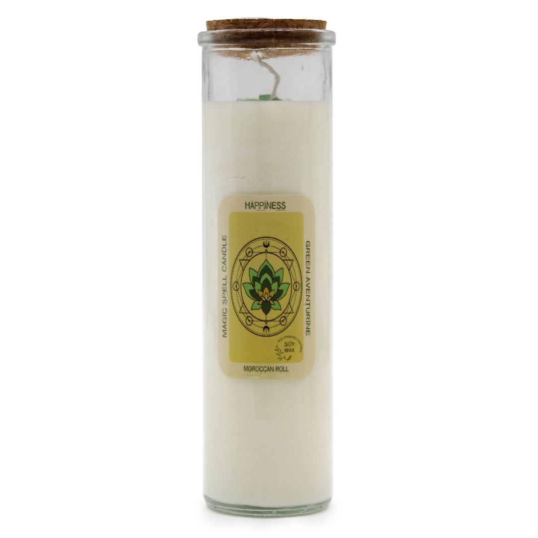 A tall, slender white pillar candle wrapped in decorative paper with a "Happiness" label and colorful botanical motifs.