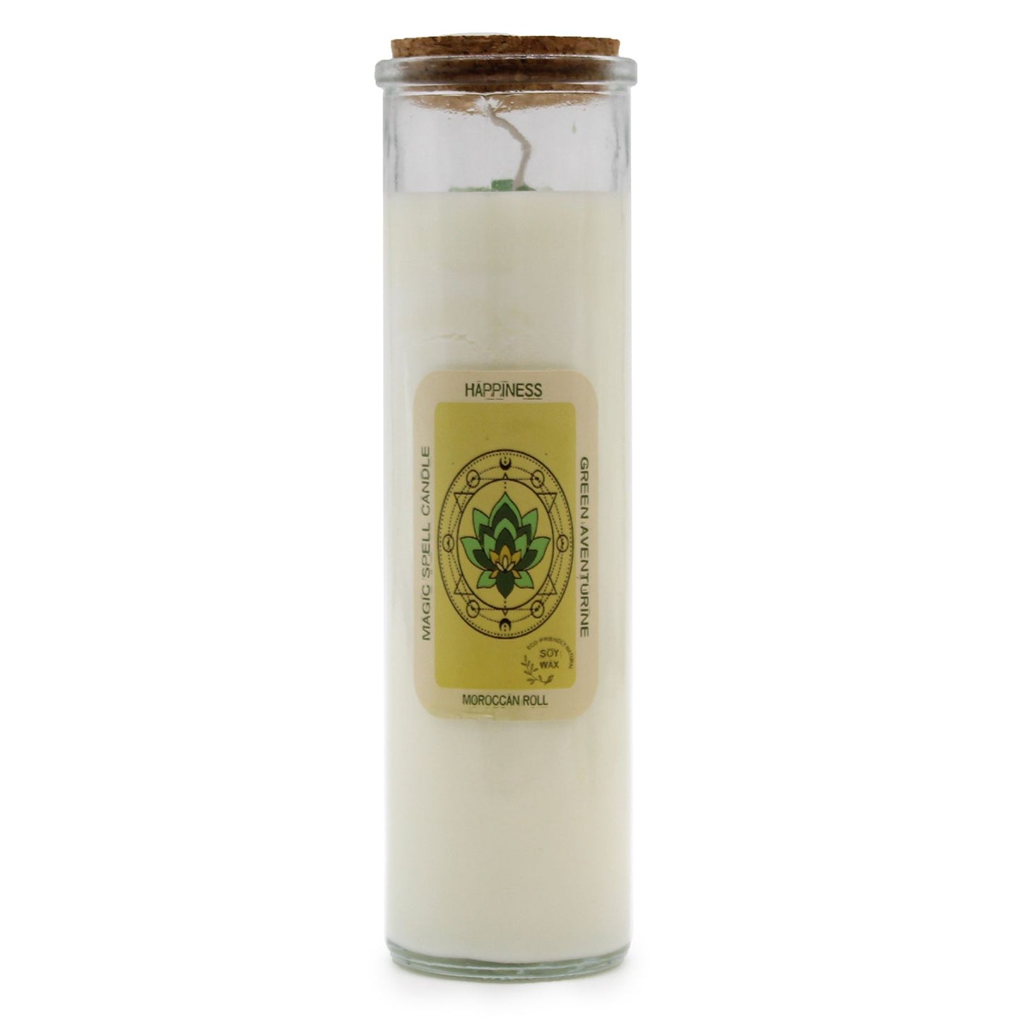 A tall, slender white pillar candle wrapped in decorative paper with a "Happiness" label and colorful botanical motifs.