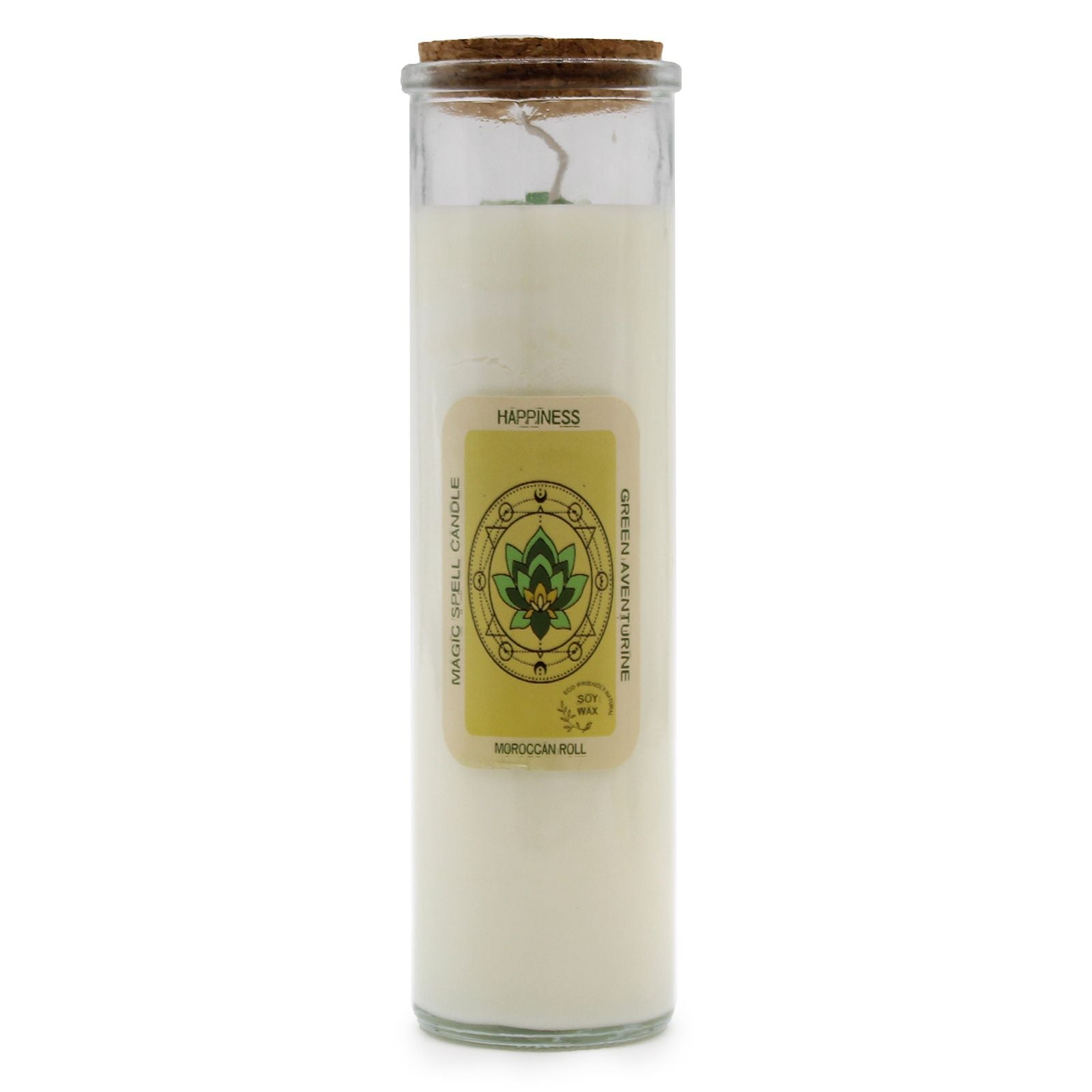 A tall, slender white pillar candle wrapped in decorative paper with a "Happiness" label and colorful botanical motifs.