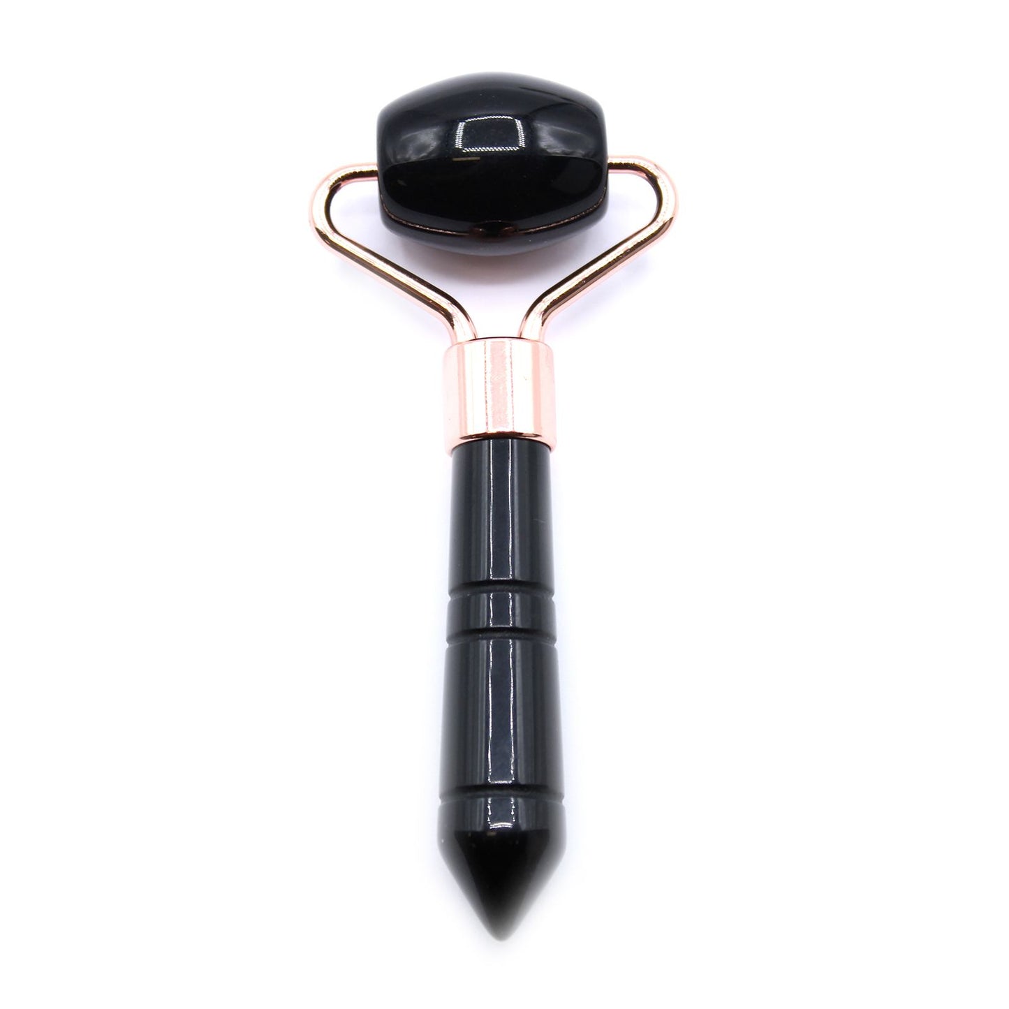 A sleek, handheld facial massage roller featuring a polished, dark black obsidian gemstone head.