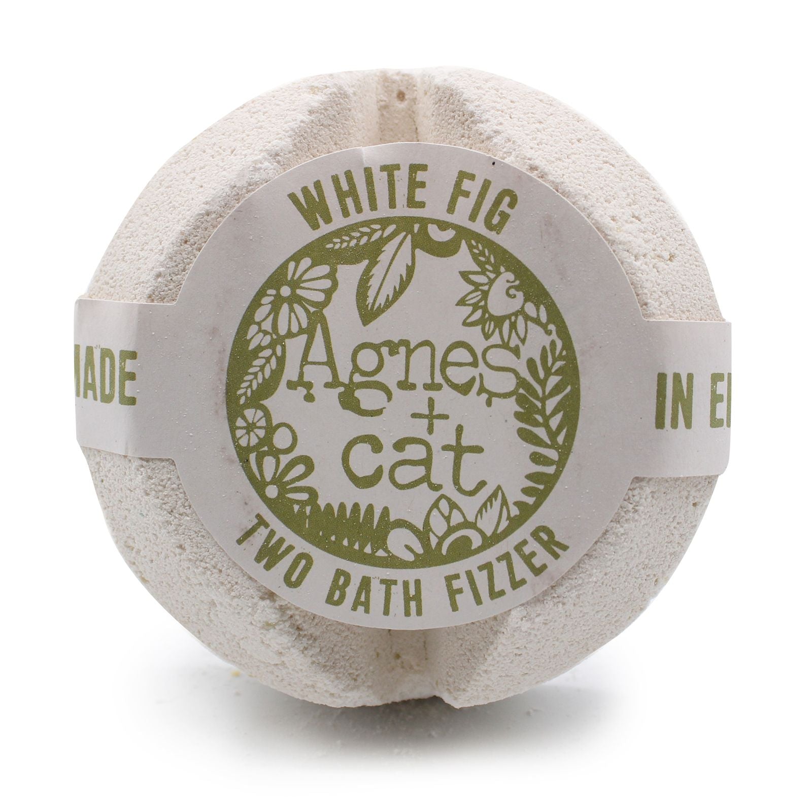 A spherical 200g bath fizzer featuring an artisanal white and green label for the White Fig fragrance.