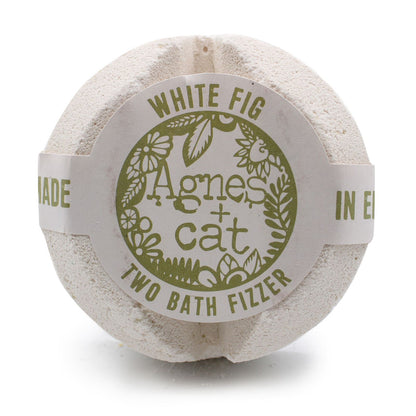 A spherical 200g bath fizzer featuring an artisanal white and green label for the White Fig fragrance.