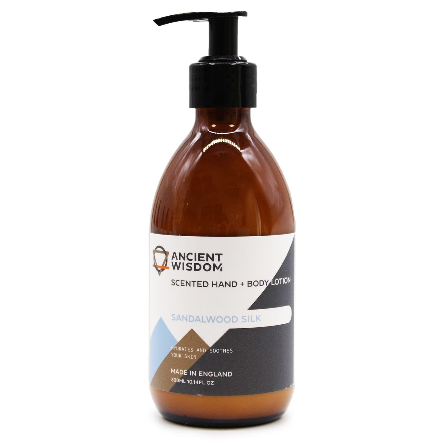 A 300ml amber pump bottle of sandalwood silk body lotion with a luxury white and gold label.