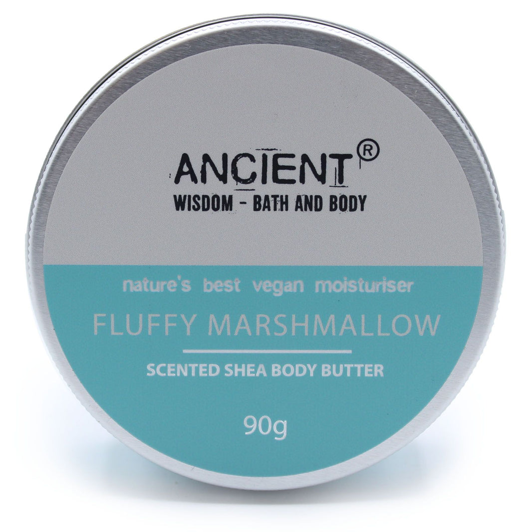A 90g tin of light blue-tinted shea body butter with a sweet marshmallow fragrance and minimalist apothecary labeling.