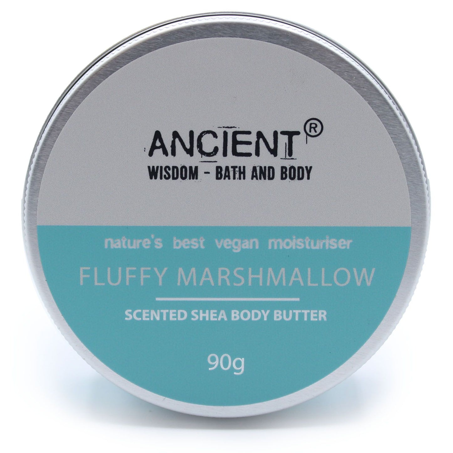 A 90g tin of light blue-tinted shea body butter with a sweet marshmallow fragrance and minimalist apothecary labeling.