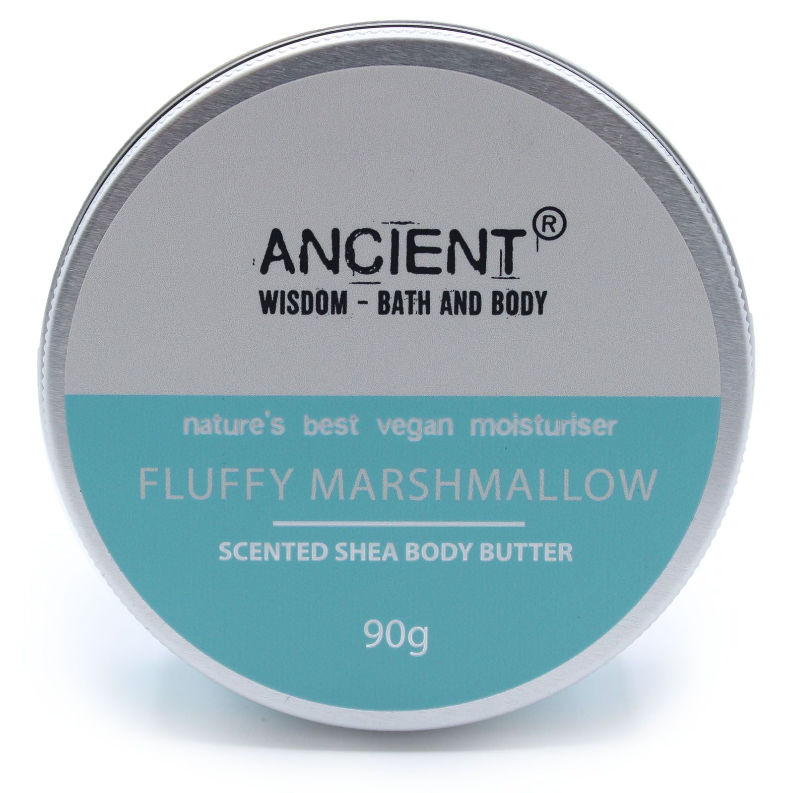A 90g tin of light blue-tinted shea body butter with a sweet marshmallow fragrance and minimalist apothecary labeling.