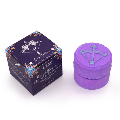 A purple-themed zodiac bath gift set for Sagittarius, featuring the archer symbol and personalized horoscope details.