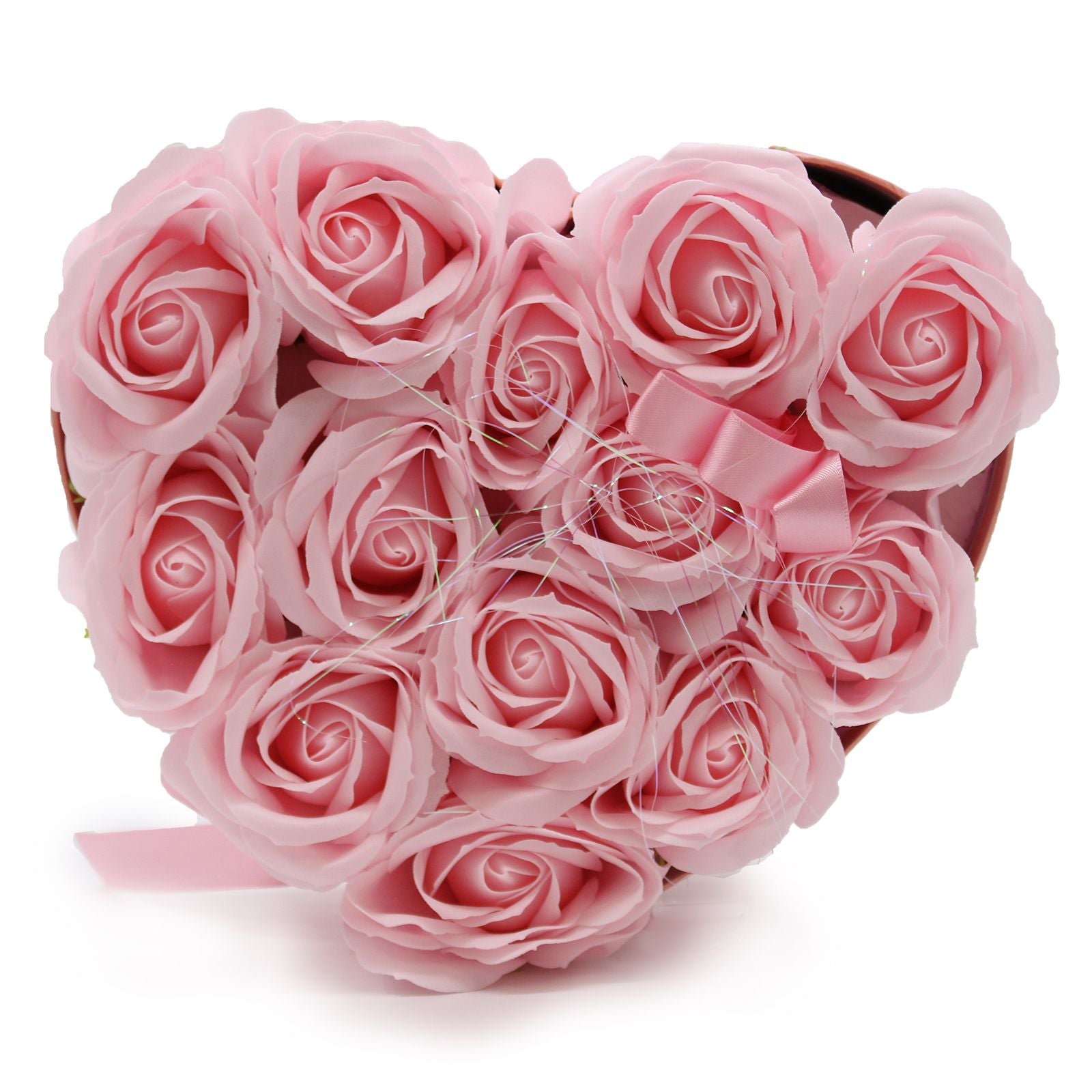 A heart-shaped pink gift box filled with 13 realistic pink soap rose blooms for a romantic bath ritual.