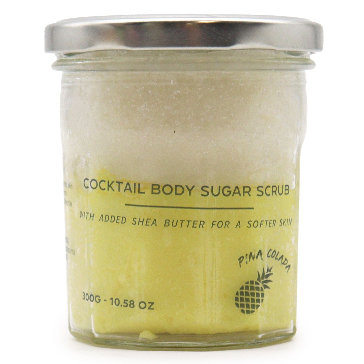 A 300g jar of creamy yellow sugar body scrub featuring a tropical pineapple and coconut fragrance.